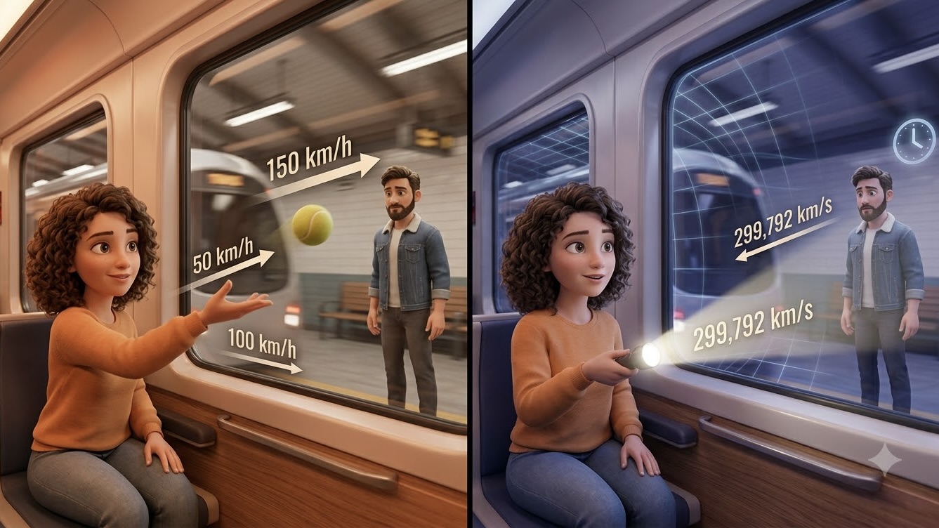Throwing a ball vs shining a flashlight from a moving train